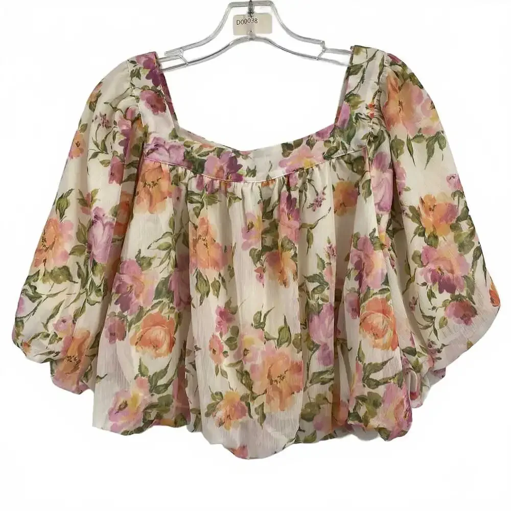 Anthropologie Cream Pink Floral Puff Sleeve Blouse | Women’s M